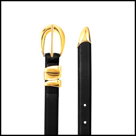 Skinny Leather Belt Gold Buckle Minimal Chic Classic Trendy Waist Accessory
